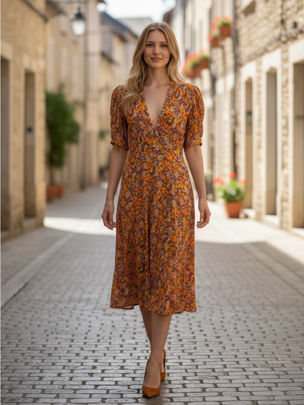 FAITHFULL THE BRAND FLOWY MIDI DRESS V-NECK FEMININE PRAIRIE ROMANTIC SIZE 6 MED - Picture 2 of 16